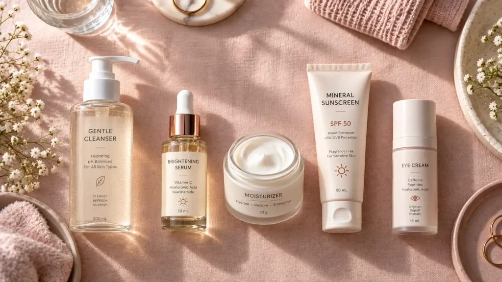 Flatlay of a five-step pregnancy-safe skincare routine including cleanser, serum, moisturizer, and sunscreen