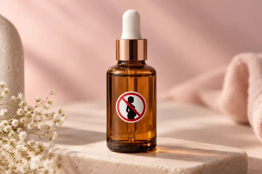 Amber dropper bottle marked as an ingredient to avoid during pregnancy skincare routines