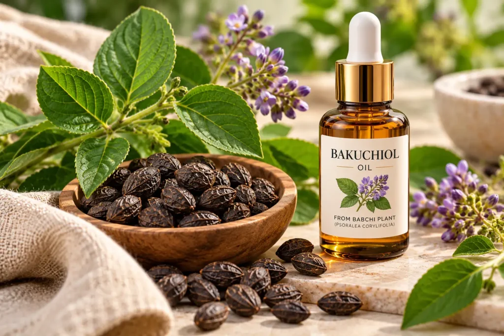 Babchi plant seeds and green leaves beside a small amber bottle of bakuchiol oil