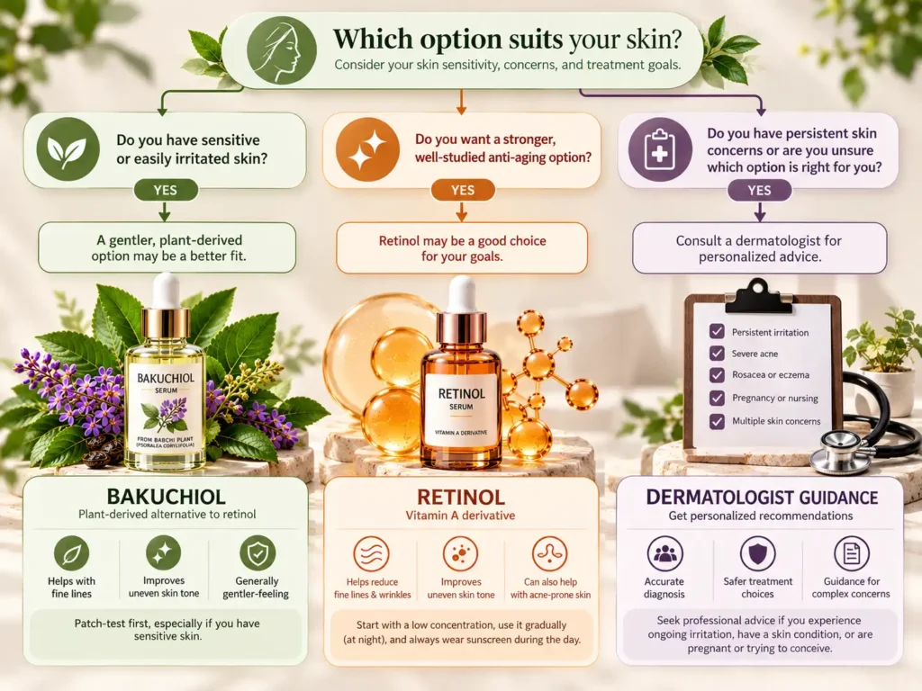 Flowchart helping readers decide between bakuchiol and retinol based on skin sensitivity and goals