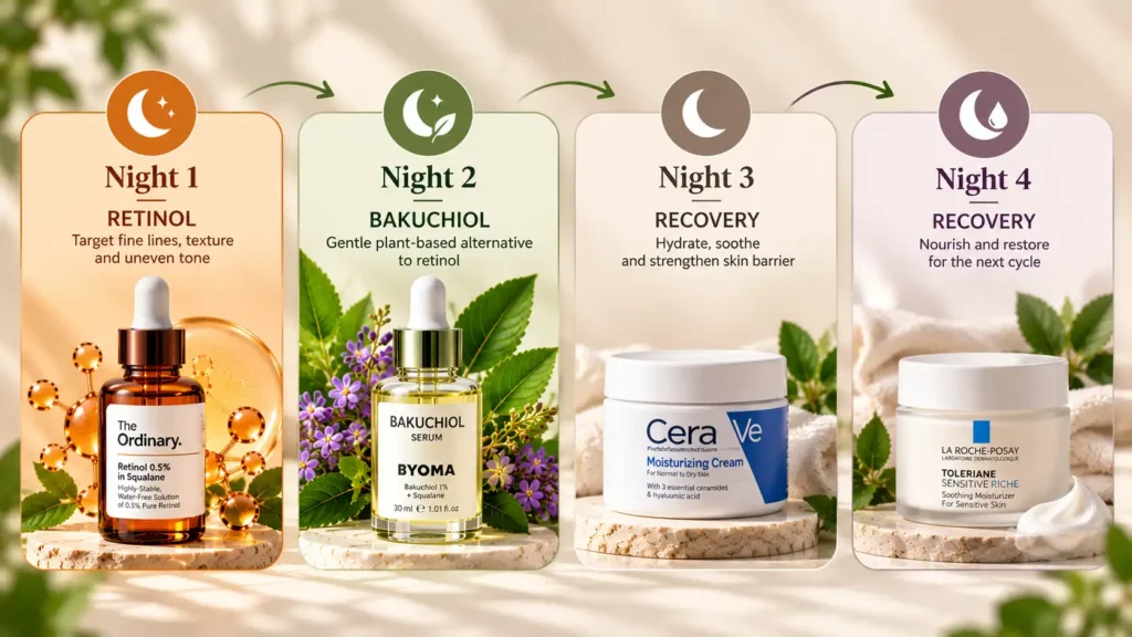 bakuchiol-vs-retinol/ Four-night skin cycling calendar alternating retinol, bakuchiol, and two recovery nights