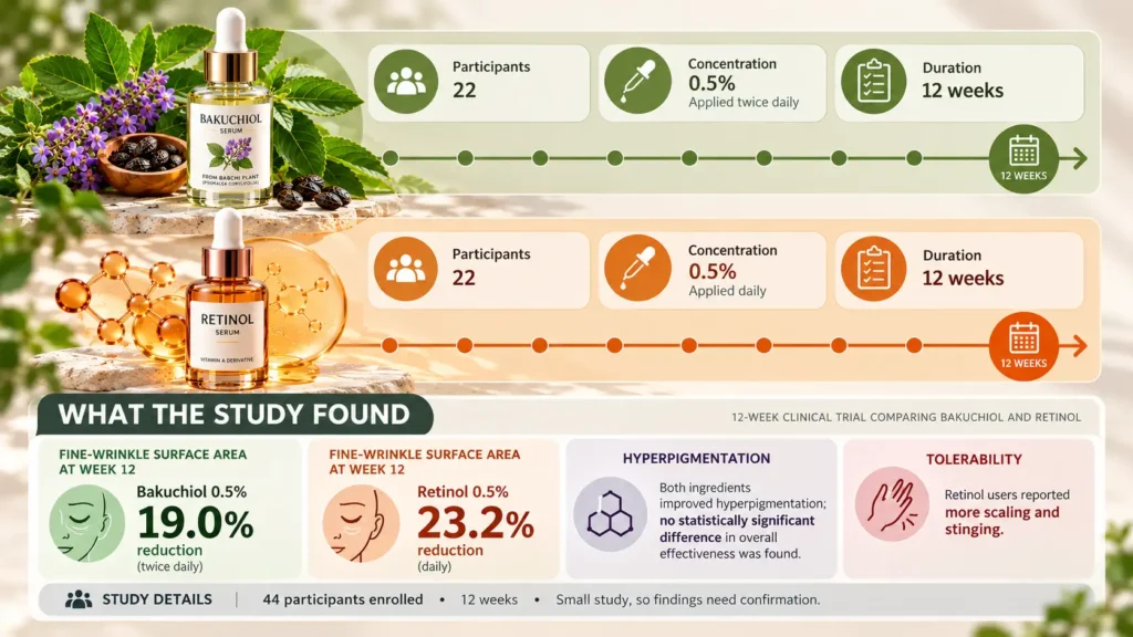 Infographic summarizing the 12-week bakuchiol versus retinol clinical trial design