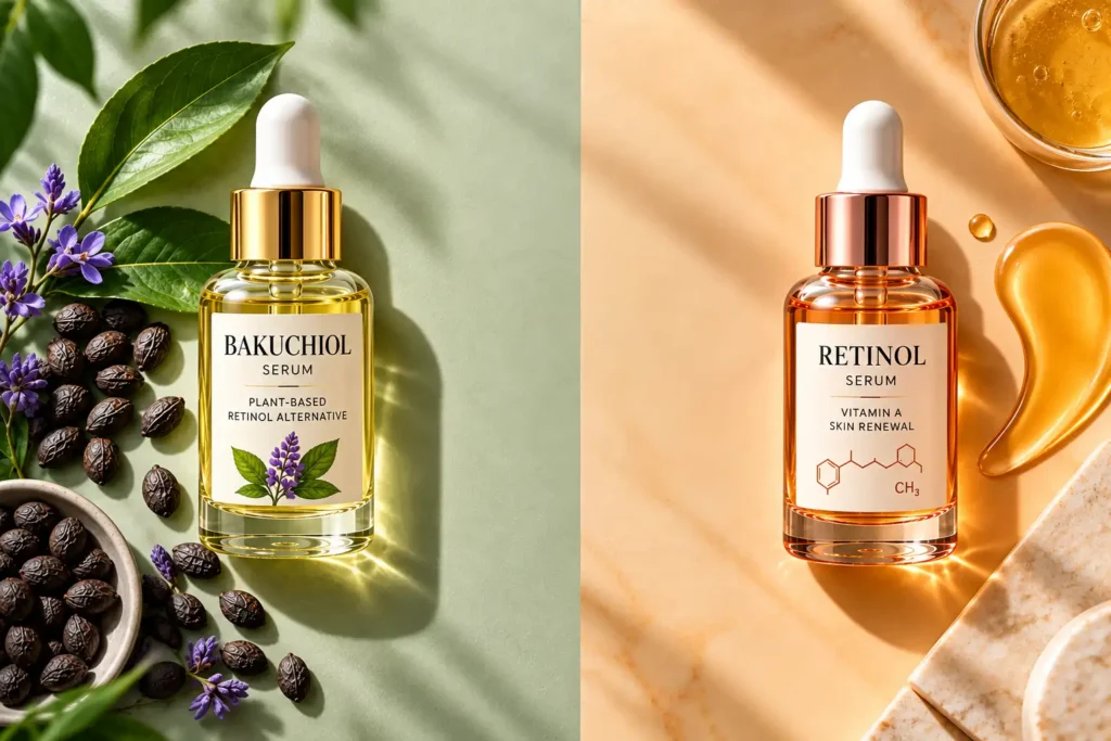 Split-panel graphic comparing a gentle bakuchiol serum with a potent retinol serum