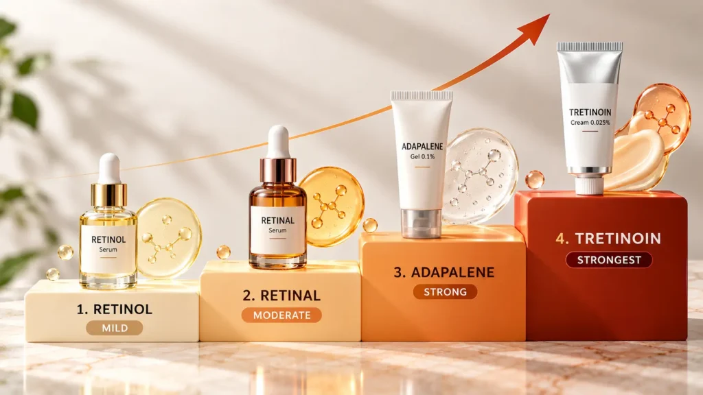 Four-step ladder graphic showing retinoid strength from retinol to tretinoin