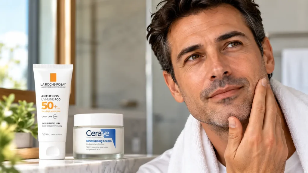 Close-up of a clean-shaven man’s cheek and jawline in soft window light beside an unbranded sunscreen tube and moisturizer jar