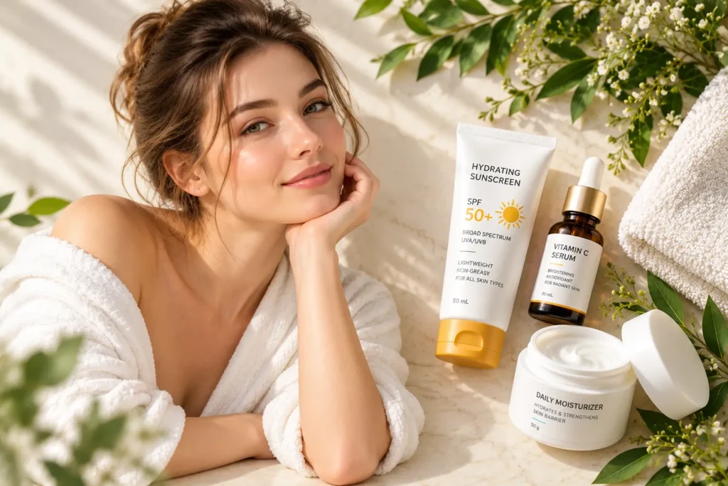 Sunscreen, a serum bottle and a moisturizer arranged on a stone surface.