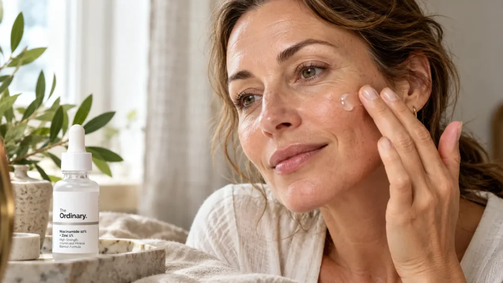 Woman applying a small amount of serum to her cheek in soft window light