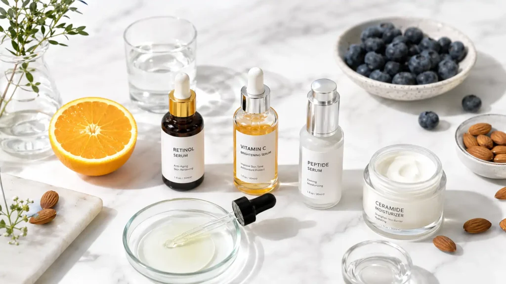 Flat-lay of cellular skin renewal essentials — skincare actives and nutrient-rich foods that support skin cell regeneration in 2026