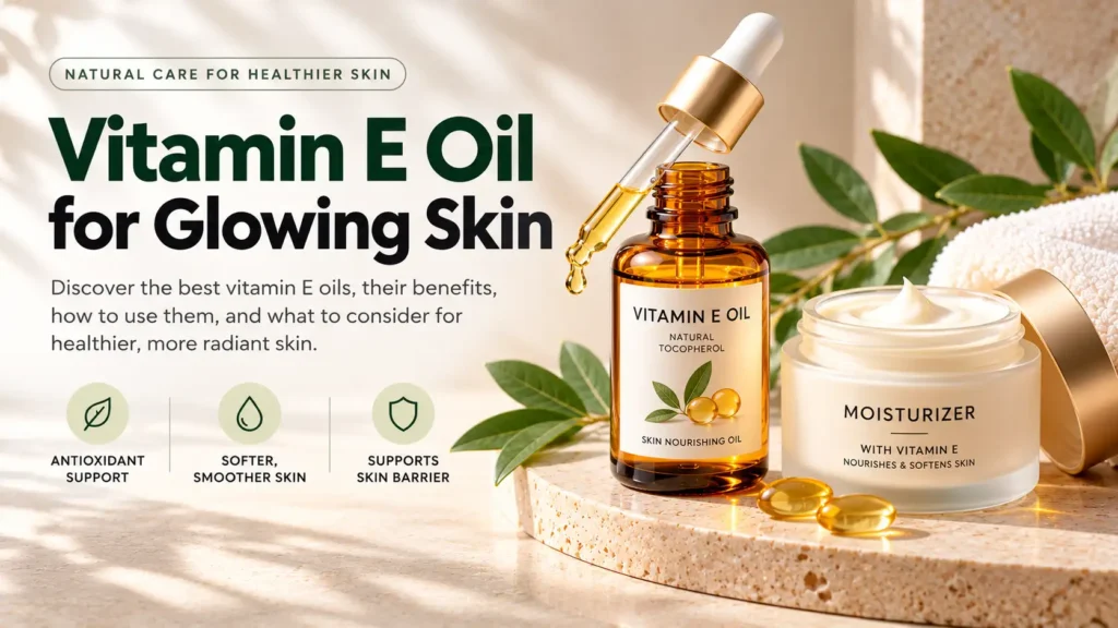Alt text: Vitamin E oil dropper bottle and moisturizer for a skincare routine