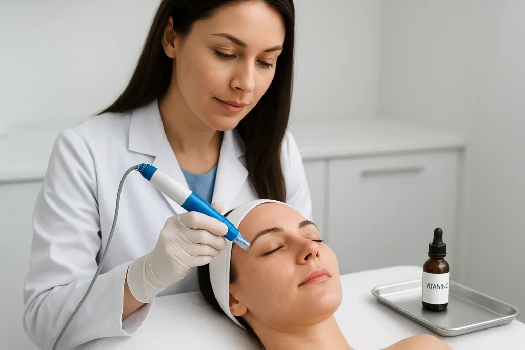 a-dermatologist-performing-microneedling-with-vitamin-C-infusion-treatment-for-acne-scars-and-oily-skin