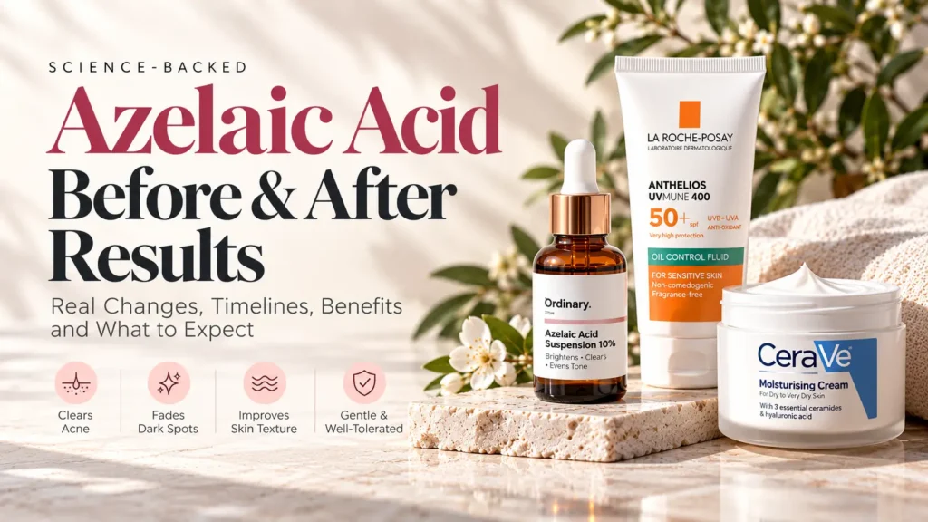 Flat lay of an azelaic acid serum, sunscreen and moisturizer on a neutral surface.