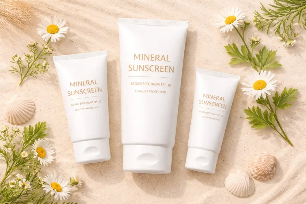 Best sunscreen ingredients for sensitive skin — mineral SPF flatlay