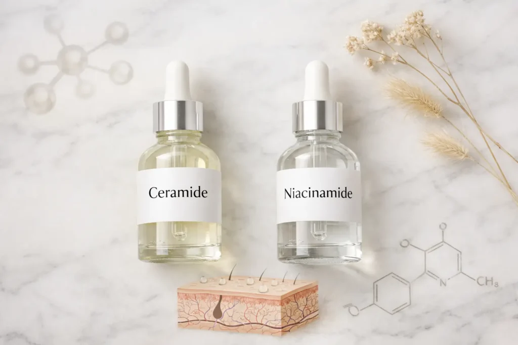Ceramide vs niacinamide for skin barrier repair — flat lay of two skincare serums on marble with scientific motifs
