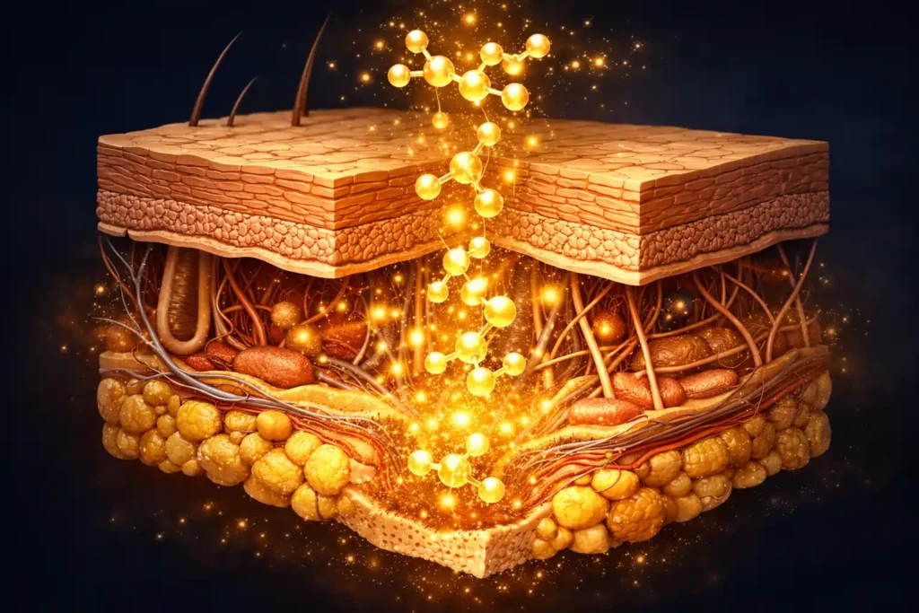 Scientific illustration of retinol working at cellular level through skin layers showing molecular pathway