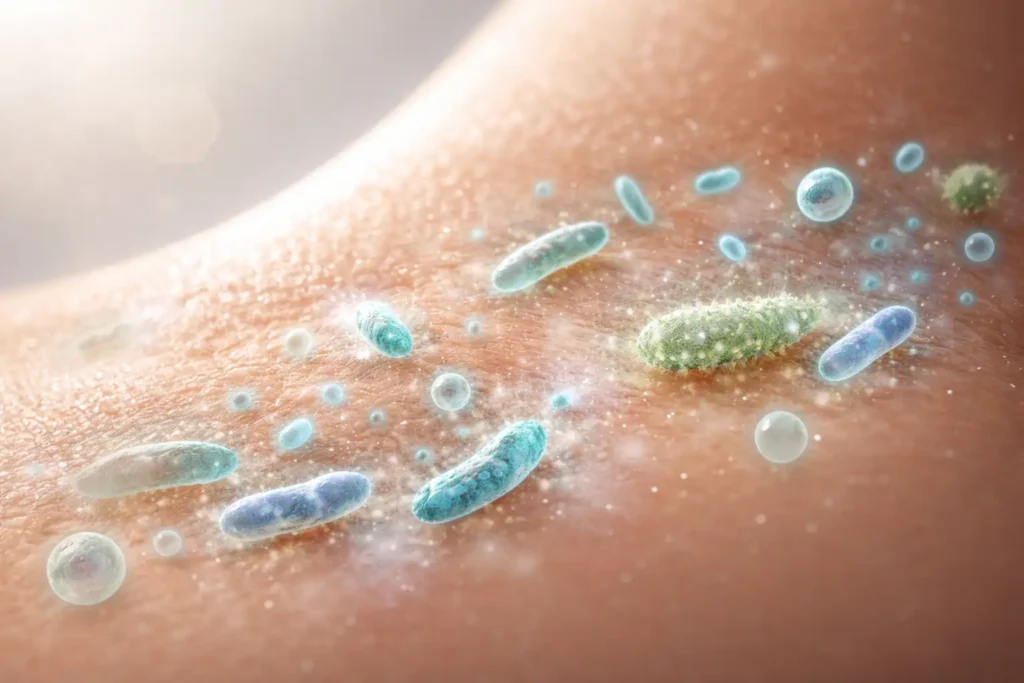 Illustration of the skin microbiome showing beneficial bacteria living on healthy human skin