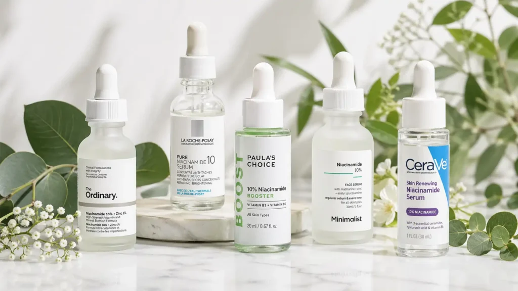 Best niacinamide serums for sensitive skin displayed on a clean white surface with botanical elements