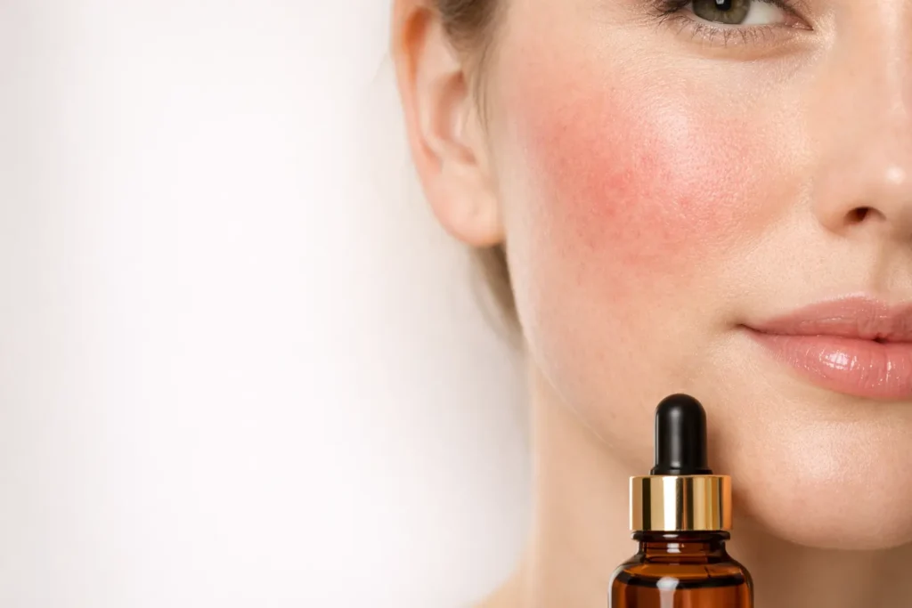 Woman with rosacea applying niacinamide serum to calm facial redness