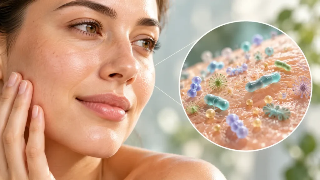 Natural human skin with a conceptual visualization of its microbial ecosystem
