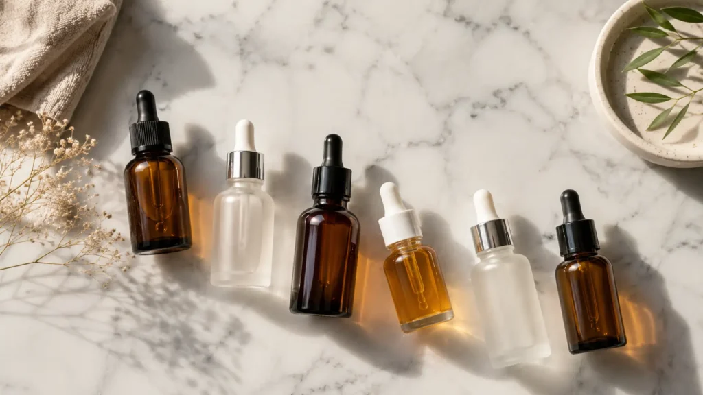Six skincare active serums arranged in correct layering order on white marble for a 2026 skincare routine guide