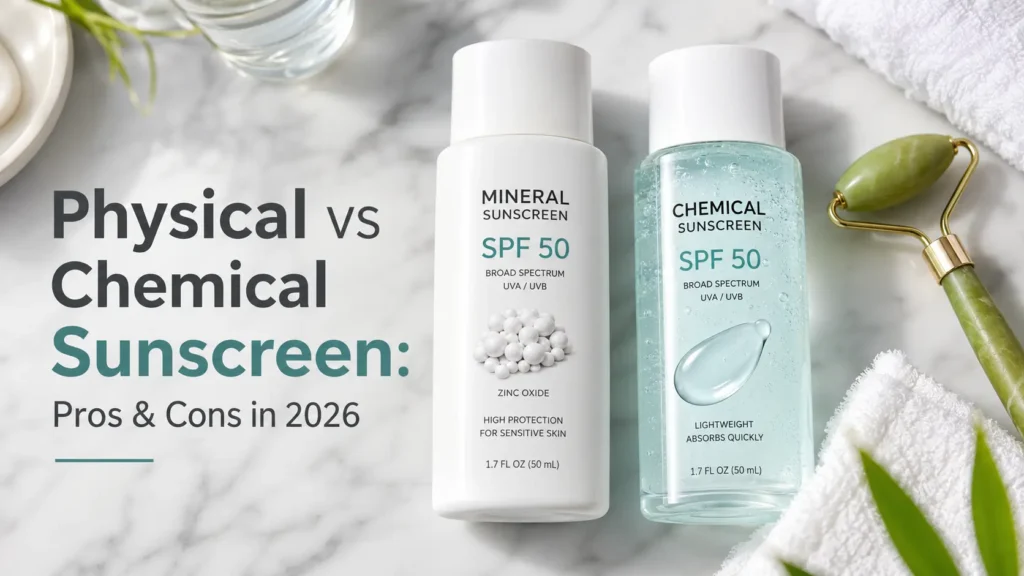 Physical vs physical-vs-chemical-sunscreen-pros-cons-2026-featured-chemical sunscreen comparison flat lay on marble surface 2026