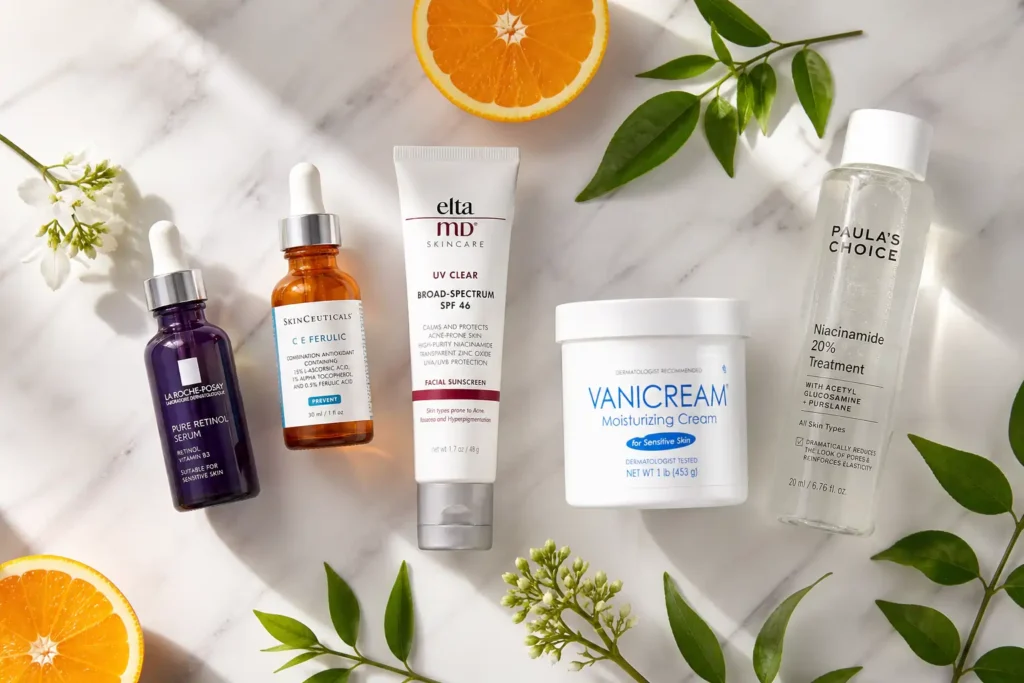 Flat-lay of the top skincare ingredients that actually work in 2026 — retinol, Vitamin C, SPF, ceramides, and niacinamide on white marble