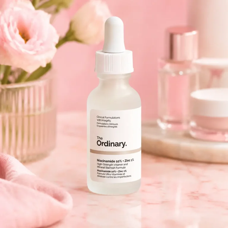 Elegant skincare still life in pink tones