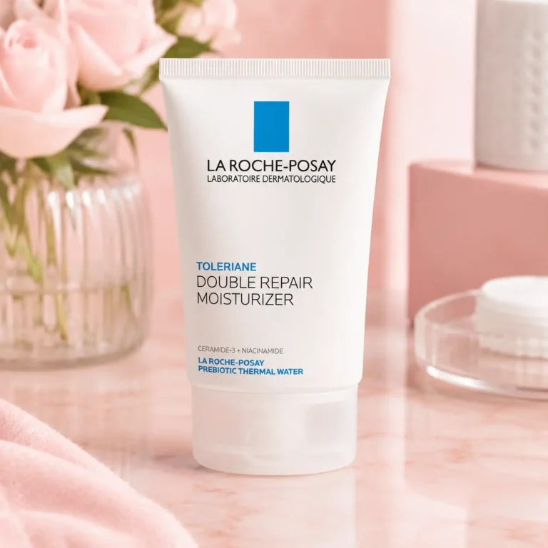 Soft pastel skincare still life