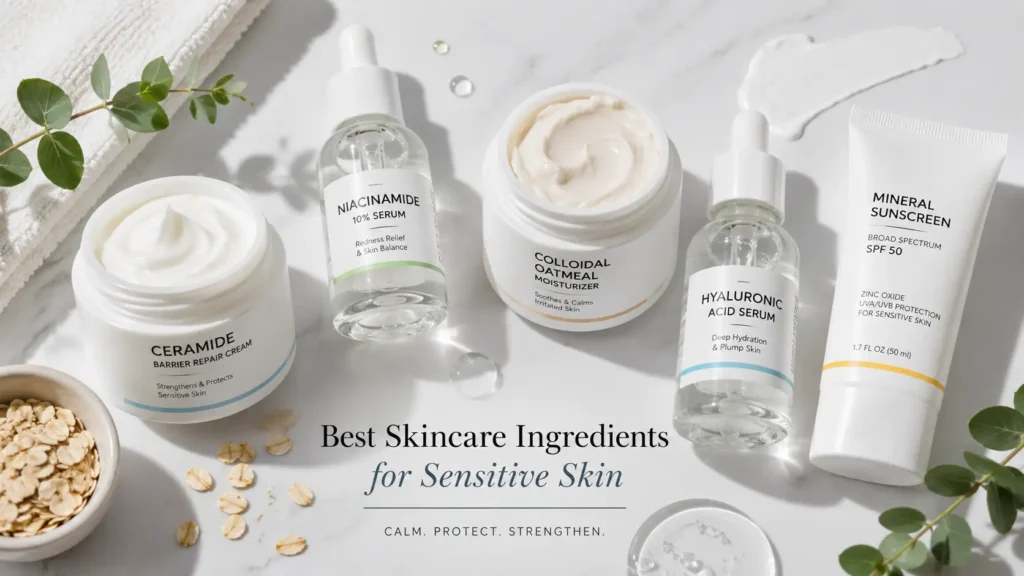 Best skincare ingredients for sensitive skin including ceramides, niacinamide, colloidal oatmeal, and hyaluronic acid