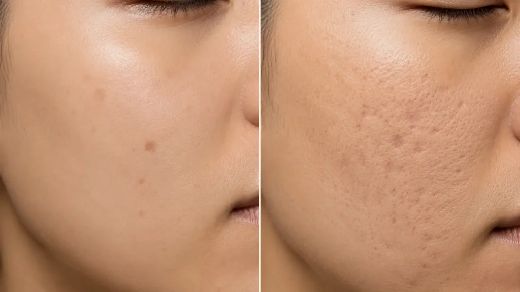 acne-scars-vs-post-inflammatory-hyperpigmentation-featured Close-up comparison of smooth skin with dark spots versus textured skin with indented acne scars acne-scars-vs-post-inflammatory-hyperpigmentation