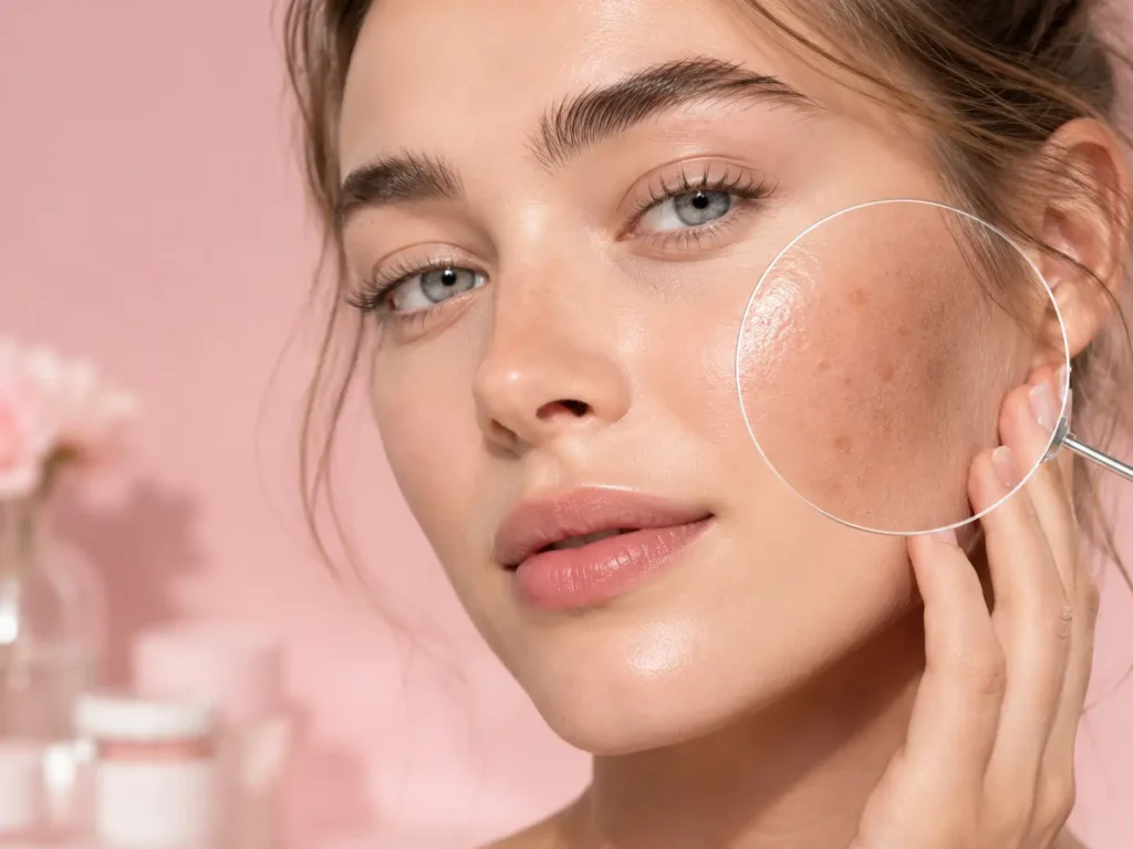 Close-up of a woman with healthy skin and a magnified view highlighting skin texture, pores, and mild pigmentation.