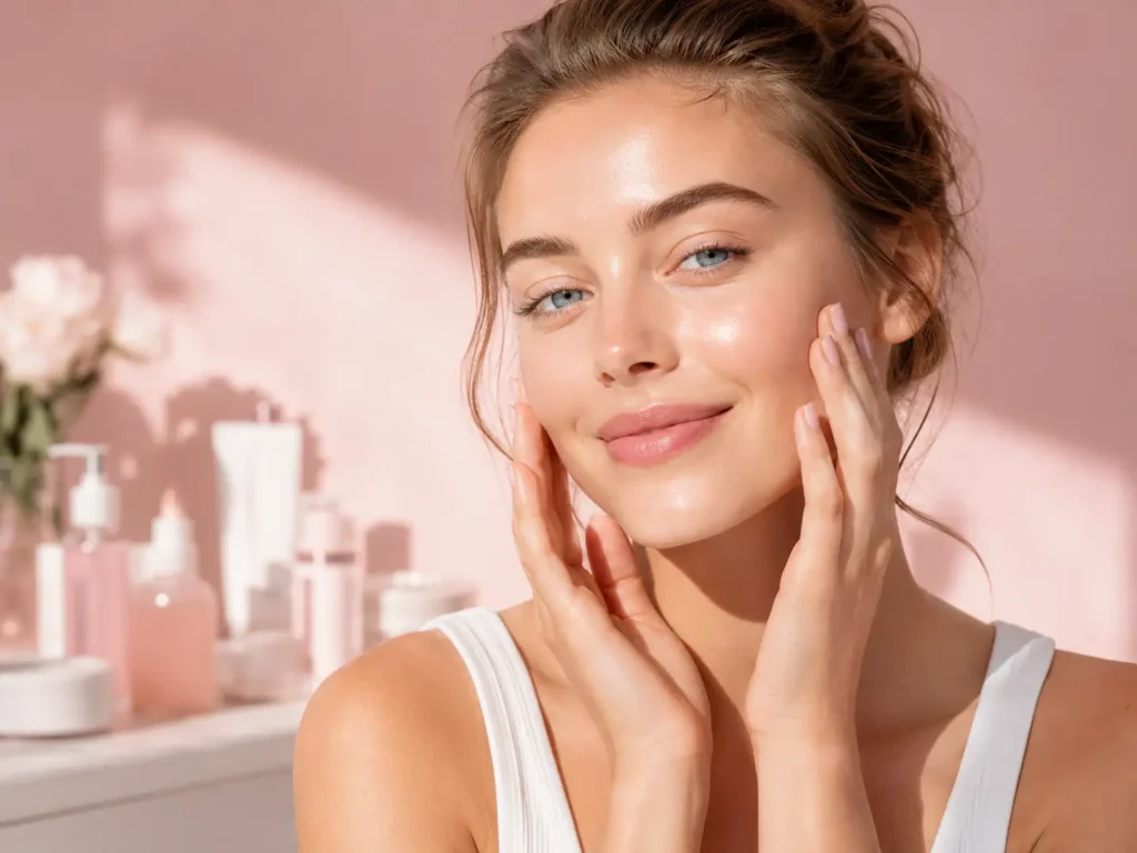 daily-skincare-routine-guide Smiling woman with healthy glowing skin gently touching both cheeks during her daily skincare routine.