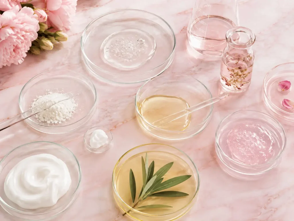 Flat lay of skincare ingredients including serums, creams, botanical extracts, and laboratory glassware on a blush-pink marble surface.