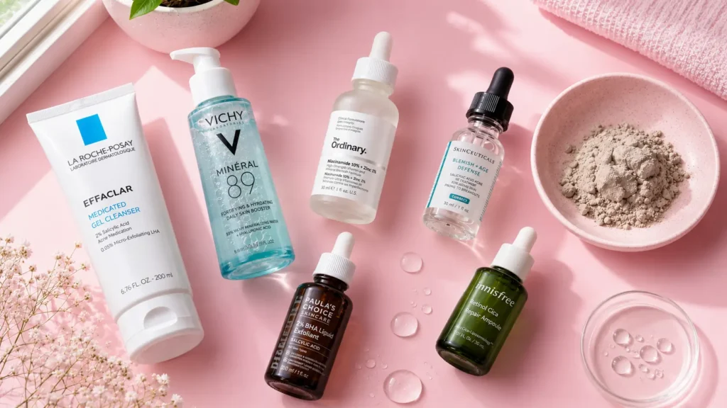 Flat-lay of skincare serums and clay representing acne-fighting ingredients for oily skin
