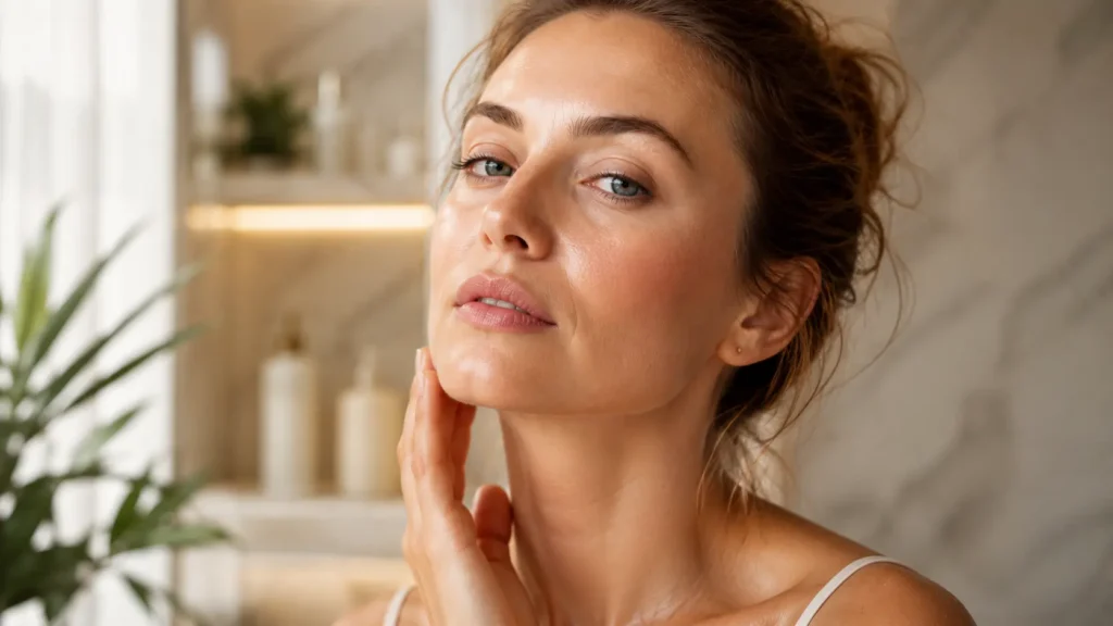Woman touching jawline where hormonal acne commonly appears what-causes-hormonal-acne-featured
