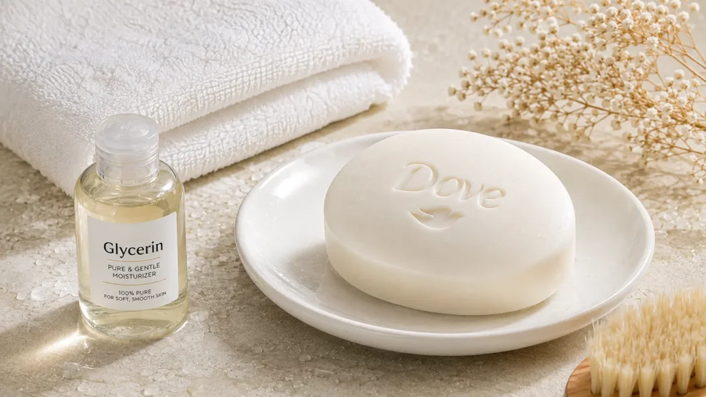Gentle dry skin soap for face resting beside a soft towel and water droplets