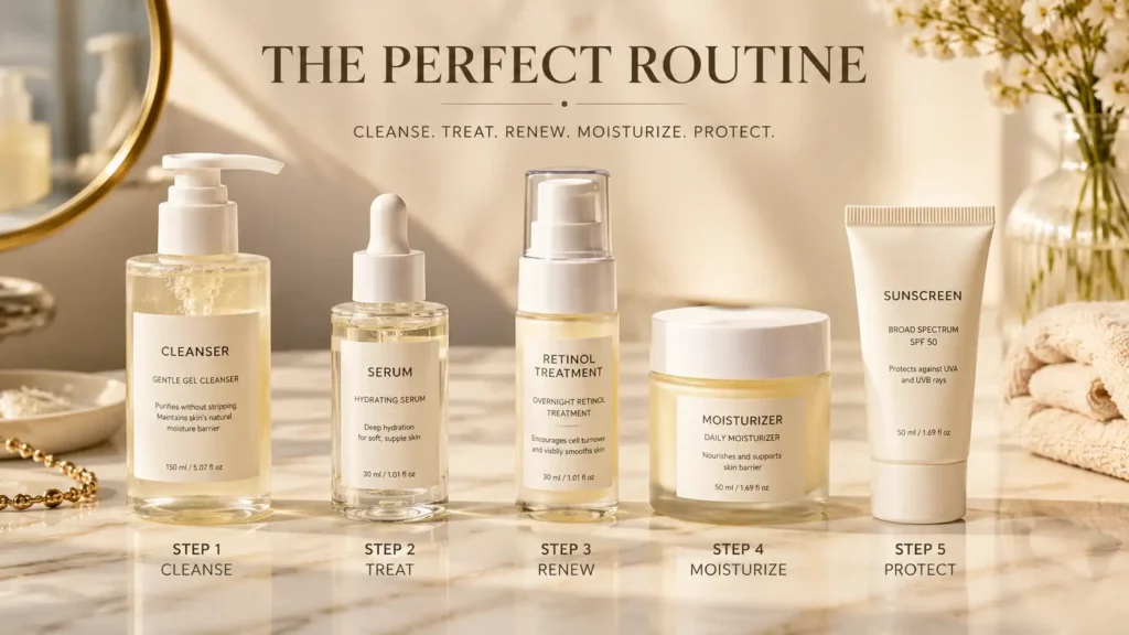 complete-anti-aging-skincare-routine-2026 Flat-lay of an anti-aging skincare routine with cleanser, vitamin C serum, retinol, moisturizer, and sunscreen