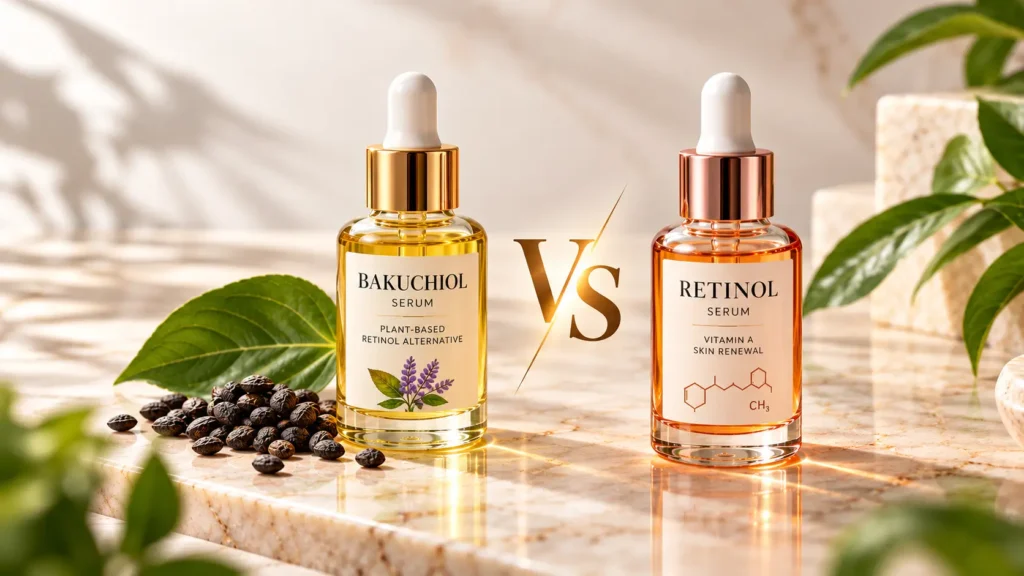 Bakuchiol serum and retinol serum dropper bottles side by side on a cream marble surface with green leaves